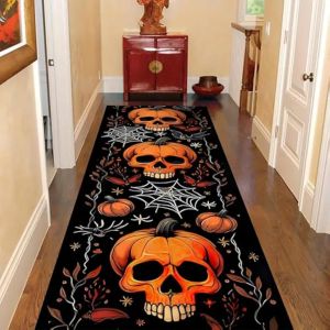 VIKAMA Halloween Runner Rug Abstract Pumpkin Skull Carpet Kitchen Anti-Slip Spider Web Printed Rugs for Living Room Home Decor