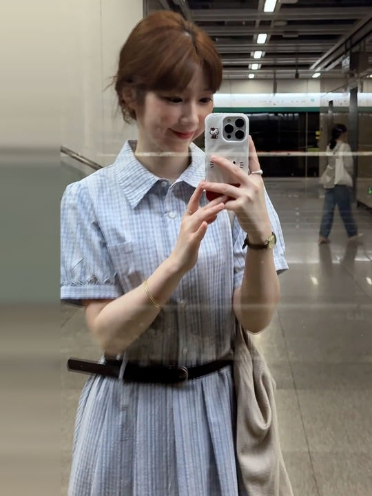 No Brand | ชุดเดรสลายสก็อตสีฟ้า คอปกสไตล์โปโล ยาว | Lazada.co.th