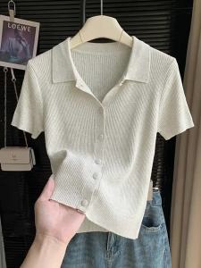 Áo Sweater Len Mài Tay Ngắn Màu Yến Mạch