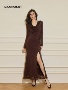 Vintage Elegance Brown Starry Night Draped Collar Fitted Mermaid Dress
