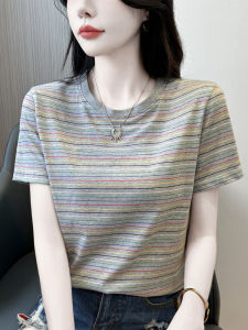Womens Pure Cotton Striped Short Sleeve T-Shirt Summer Loose Slim Fit Base Shirt Casual Style round Neck Regular Length