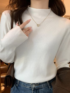 เสื้อชั้นในสตรีแขนยาวคอตั้งสีขาว แฟชั่นฤดูใบไม้ผลิและฤดูใบไม้ร่วง เสื้อถักนิตติ้งสไตล์เกาหลี เสื้อชั้นในสตรี