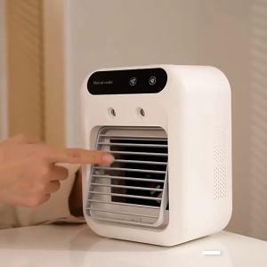 (3 years warranty) Mini Air Cooler USB Charging 1800mAh Small Air Conditioner Fan 2 Spout Humidifier Desktop Water Cooling Fan Home Dormitory Office Camping Mobile Fan