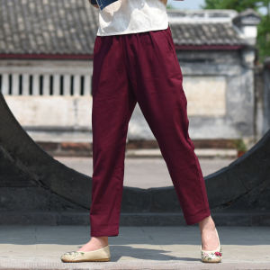 กางเกงขายาวทรงหลวมสไตล์ลำลองสำหรับผู้หญิง กางเกงขายาวทรงหลวมเอวยางยืดผ้าฝ้ายลินินสีเข้ม สไตล์ลำลอง ฤดูใบไม้ร่วง 2023