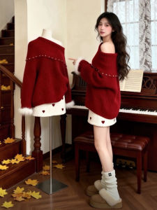 CHANGTONG | Autumn Festive Stylish Red Sweater and Skirt Set