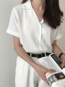 Áo Sơ Mi Voan Trắng Cổ Vest Tay Ngắn Phong Cách Retro HongKong Dành Cho Nữ Áo Sơ Mi Công Sở Cổ Điển Thường Ngày Mùa Hè 2023