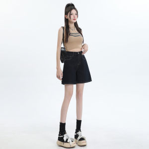 Womens Dark Blue High Waist Denim Shorts Loose Wide Leg Design Sense Niche Vintage Style