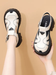 Thick Heel Real Leather Sandals Womens Spring Summer New Style Soft Leather Roman Shoes Outdoor Wear Headed Single Casual Leather Shoes