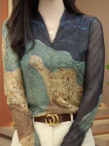 Elegant Long Sleeve V-Neck Mesh Print Chiffon T-Shirt Womens Fashionable Versatile Spring Autumn New Arrival Top