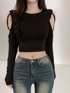 Black Short Sleeveless T-Shirt Womens Long Sleeve Design High Waist Belly Button Baring Tight Fit Top Korean Style round Neck