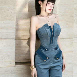 French Elegant Contrast Bustier Jumpsuit Slimming
