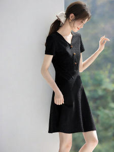 MOHANYIMEI | V-Neck Waist-Cinching Flared A-Line Slimming Textured Dress