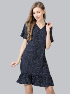 Summer Midi V-Neck Short Sleeve Polka Dot A-Line Dress Flounce Hem Straight Cut Large Size Womens Clothing Chiffon Print Dress