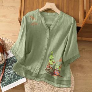 Lightweight Embroidered Cotton Linen Shirt Womens Spring Summer V-neck Sleeveless Traditional Ethnic Style Loose Fit Button-down