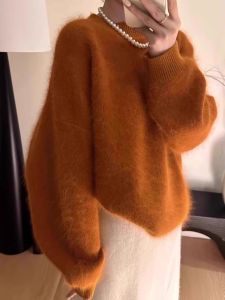 Soft Plushy Womens Knitted Sweater New Year Red Mink Bear Velvet Autumn Winter Warm Loaf Style Fashionable Commute Loose Fit