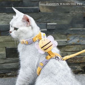 Cat Harness Leash Collar Set: Adjustable Cartoon Bee Double Layer Dog Harness for Small Medium Pets