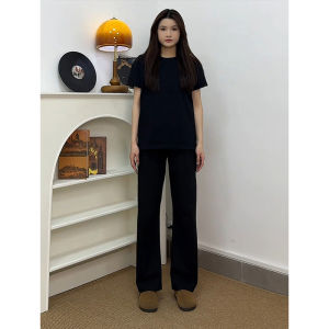 กางเกงขายาวทรงตรงผ้าไหมน้ำแข็งสีดำ ทรงสลิมฟิต กางเกงขายาวผู้ชาย กางเกงขายาวทรงหลวมสบาย ๆ สำหรับฤดูร้อน