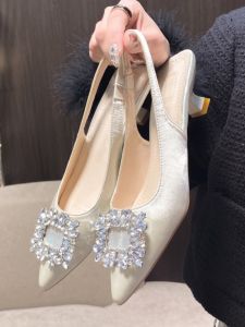 Elegant Pointed Toe Sandals Womens Low Heel Large Size French Style Half Slip off Empty Mouth Water Diamond Single Shoes