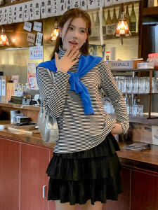 Double-Sided Velvet Thickened Loose Fit Womens T-Shirt Stripe Pattern High Collar Long Sleeve Base Shirt Warm Winter Top