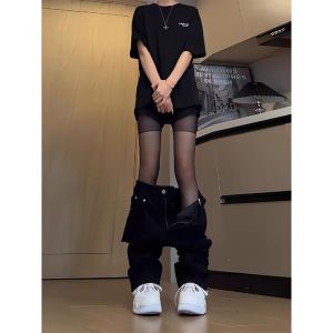 กางเกงยีนส์ทรงตรงเอวสูงทรงสลิมฟิตสำหรับผู้ชาย สีดำ ทรงหลวม สไตล์อเมริกัน กางเกงยีนส์ทรงตรงสำหรับผู้ชาย ฤดูใบไม้ผลิและฤดูใบไม้ร่วง