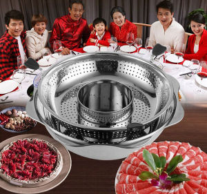 Nồi lẩu inox xoay 2 tầng Hàn Quốc Nồi lẩu đa năng 2 ngăn dùng được bếp từ và bếp gas Xoong inox 304 ăn lẩu