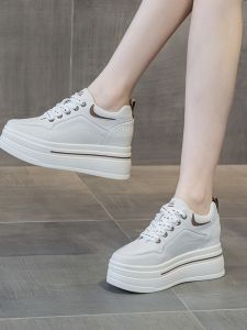 Womens Casual Sports Shoes Thick Bottom High Toppling Heightening Leather Shoes Comfortable Breathable Low Cut Spring Summer Autumn
