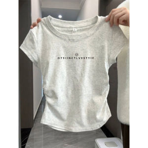 เสื้อยืดคอกลมแขนสั้นผ้าฝ้ายแท้สีเทาสำหรับผู้หญิงในช่วงฤดูร้อน เสื้อตัวบนเข้ารูปเข้ารูป ทรงเข้ารูป แขนสั้น ทรงเข้ารูป