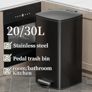 30L Pedal stainless black trash bin Household living room bathroom Kitchen trash can with soft close cover modern simple