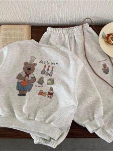 ชุดเสื้อสเวตเตอร์ลายการ์ตูนสำหรับเด็กชายและเด็กหญิง ชุดกีฬาฤดูใบไม้ผลิและฤดูใบไม้ร่วง ชุดกางเกงขาสั้น 2 ชิ้น แฟชั่นสำหรับเด็ก
