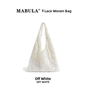 MABULA | Mabula Hollow Out Canvas Bag Korean Style Lace Woven Shoulder Bag Unique Design Tote Bag For Daily Use Soft Polyester Lining
