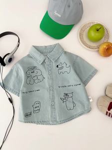 Cartoon Printed Thin and Breathable Short Sleeve Children Shirt and Jeans Set