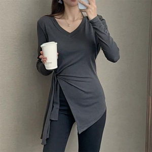 Pure Cotton V-Neck Long Sleeve T-Shirt Women Early Spring New Large Size Slimming Top Asymmetrical Korean Style Commute