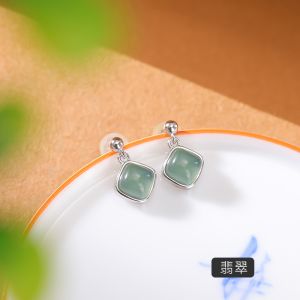 Jade Earrings for Women 925 Silver East Sea Crystal Agate Jade Hetian Jade Scattered Beads Diamond Shaped Earrings Xuanxue Earrings