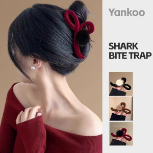 2026New Year Winter Large Red Velvet Shark Hair Clip for Back of Head