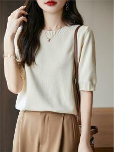 Pure Cotton Wire Knitting round Neck Half Sleeve Sweater Womens Minimalist Loose Inner Wear Half Sleeve Bottoming Shirt Slim Looking Tops T-shirt