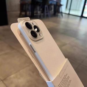 Apple 16Promax iPhone 15 Litchi Pattern Small View Window Selfie Cover with Lens Film 12 Premium Solid Color 11 Internet Celebrity Couple 13Pro New Model 14Pro Popular Phone Case