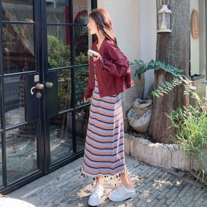 Ankela สีแดง เดนิม เสื้อกั๊ก เดรส ชุดผู้หญิง Early ฤดูใบไม้ร่วง บรรยากาศ Sensation Wearing Reduction ชุดสองชิ้นแขนยาว กระโปรงทรงเอ