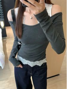 เสื้อยืดแขนยาวผ้าลูกไม้สไตล์หวานและเท่ ทรงเข้ารูป ผ้าผสมคอตตอนและยางยืด สำหรับผู้หญิงวัย 18-24 ปี ฤดูใบไม้ร่วง 2024