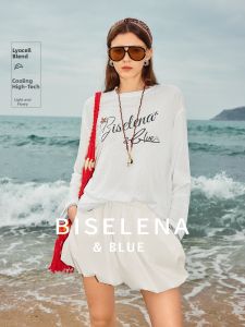 BEIQIANI | Simple Casual Lyocell Letter Print Contrast Long Sleeve T-shirt