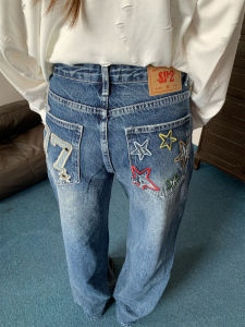 Retro American Star Letter Embroidery Wide Leg Jeans Womens Casual Cotton Denim Pants with Zipper Natural Waist Loose Fit