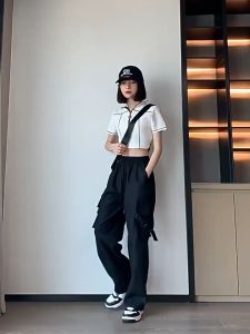 Plus Size S-5XL Pink High Street Large Pocket Overalls Womens All-match Casual Straight-leg Pants Hip-hop Sweatpants