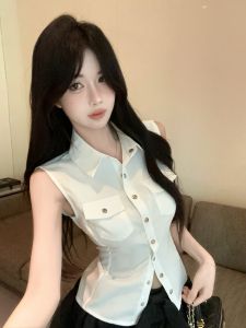 GUZILIAN | Slim Fit Polo Neck Sleeveless Shirt Womens Summer High Waist Inward Drawstring Top Unique Beautiful Blouse Vest College Style