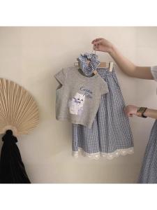 ชุดเด็กผู้หญิงสไตล์เกาหลี 2 ชิ้น แขนสั้น กระโปรงทรงเอ ทรงหลวม ผ้าฝ้ายผสมโพลีเอสเตอร์ ชุดเด็กฤดูร้อน 2025 ชุดเด็ก