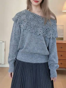 QINGNAER | Gray Lace Collar Knit Sweater Big Size