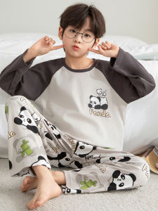 Spring Autumn Pure Cotton Long Sleeve Childrens Sleepwear Set Boy Cartoon Panda Head Home Clothes Soft Breathable Moisture Wicking