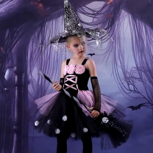 Uniqkids Kids Halloween Girl Costume Witch Costume Party Clothes 5 in 1 set Wizard Witch Dress Cosplay Costume