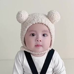 Cute Winter Warm Kids Girl Boys Baby Hats Fleece Wool Hemming Caps with Ball Solid Wool Ear Protection Hats Soft Newborn Bonnet