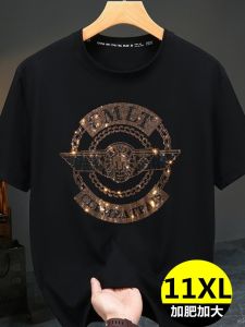 Loose Fit Short Sleeve T-Shirt for plus Size Men Summer Breathable Cotton Sparkling Rhinestone Casual Streetwear round Neck