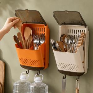 Wall-Mounted Chopsticks Holder / Kitchen Cutlery Drying Rack with Lid / Multi Compartment Kitchen Utensil Organizer Basket