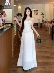White Splice A-Line Dress Womens Spring Summer Beach Vacation Long Dress Slimming High Waist Ins Style Square Neck Sleeveless